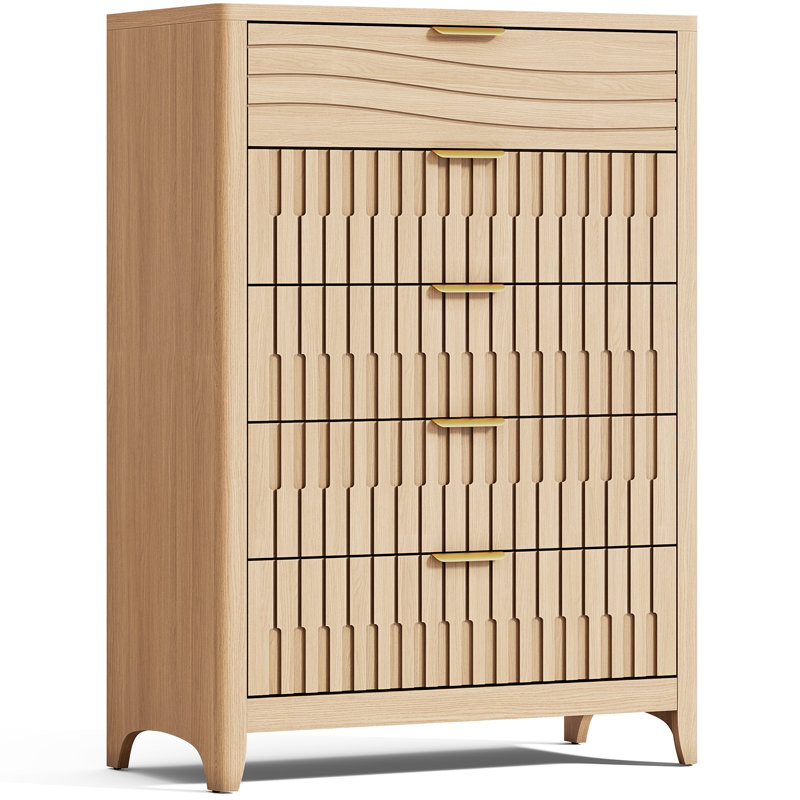 Fluted Design 5 Drawers Dresser, Tall Wooden Chest Of Drawers With Metal Handles, Natural