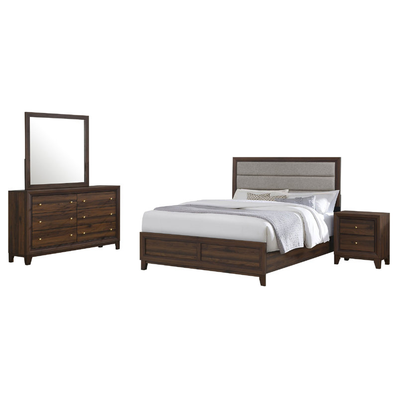 Ensemble de chambre avec très grand lit 4 pièces Yels, revêtement gris, bois brun noyer, Grand