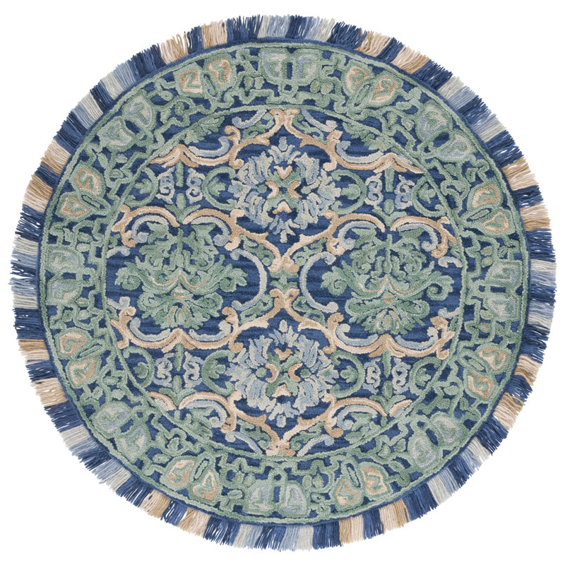 Jahiem Hand-Tufted Wool/Cotton Navy/Green Area Rug, Round 6'