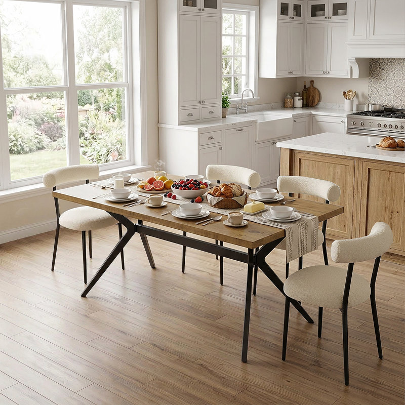 70" Rectangular Oak Wood Top Dining Table with Metal Bouble Base