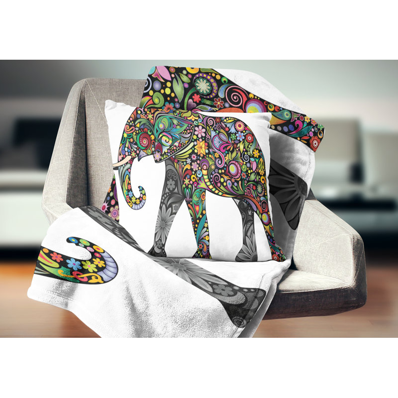 Éléphant floral - oreiller imprimé animal, 18 po x 18 po, Coussin décoratif