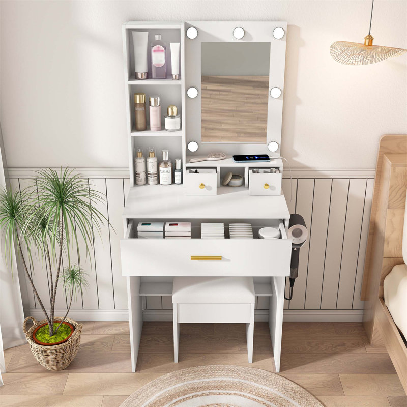 Compact Vanity Table With Mirror, Adjustable LED Lights, Power Outlet, Hairdryer Holder & Stool For Small Bedrooms, White