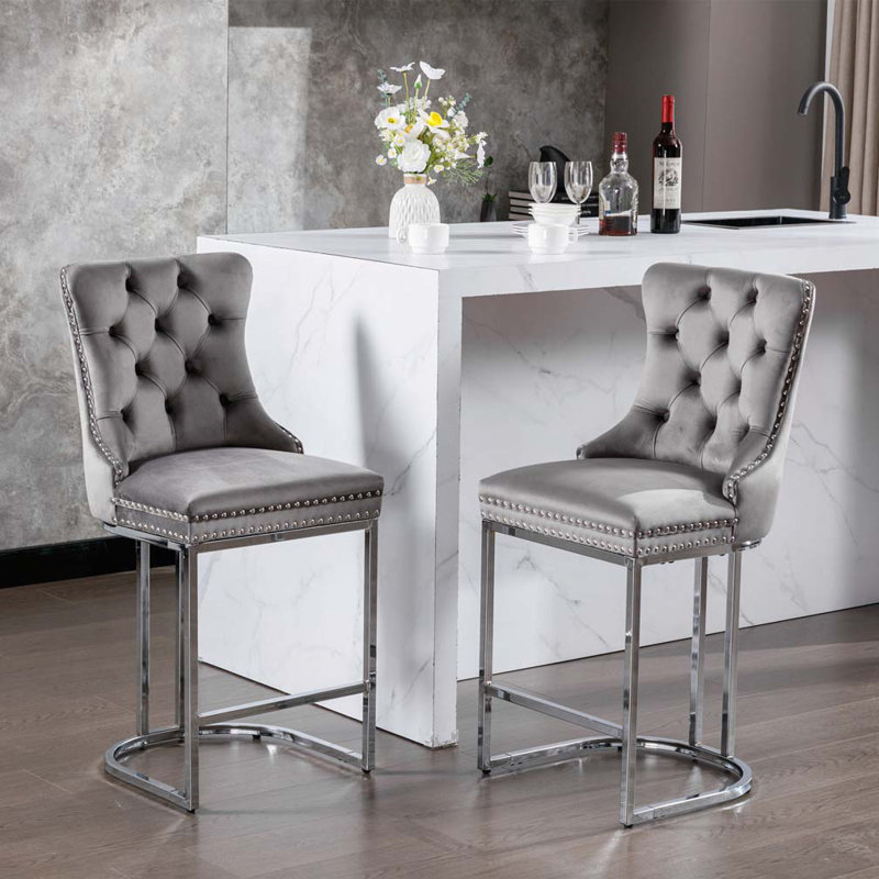 Velvet Upholstered Metal Bar Stools Set with Tufted Back and Nailedhead Trim, Gray