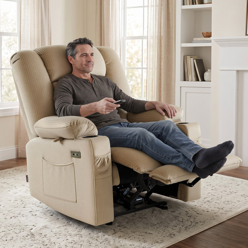 Fauteuil inclinable électrique de 25,6 po de largeur sans gravité avec massage par vibration et chaleur, Beige