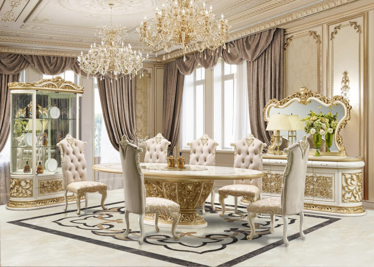 Cream and Gold Hand Carved Pedestal Dining Table
