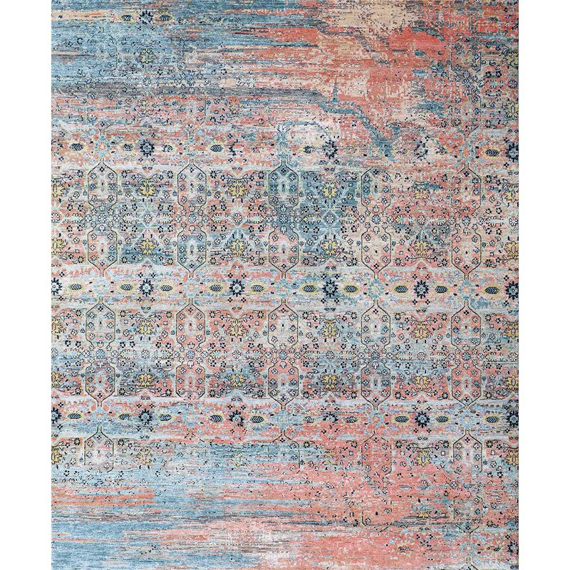 Tapis bleu clair et multicolore de haute qualité noué à la main, Rectangle 8 pi x 10 pi