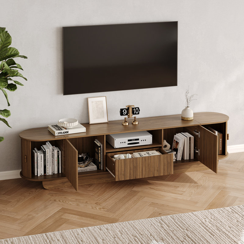 86.6" Curved TV Stand for 85 Inch TV, Entertainment Center with Storage, Fluted Media Console with Sliding Doors, Mid Century Modern TV Consoles for Living Room, Bedroom