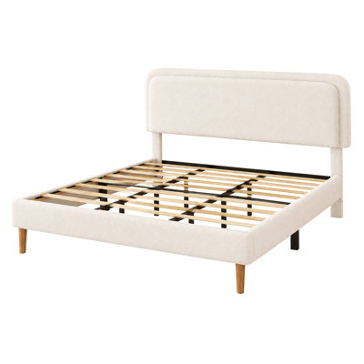 King Bed Frame, Plush Upholstered Platform Bed With Height-Adjustable Headboard, Sturdy Frame And Alats, Quiet Design, No-Spring Mattress Compatible, Easy To Assemble, Beige
