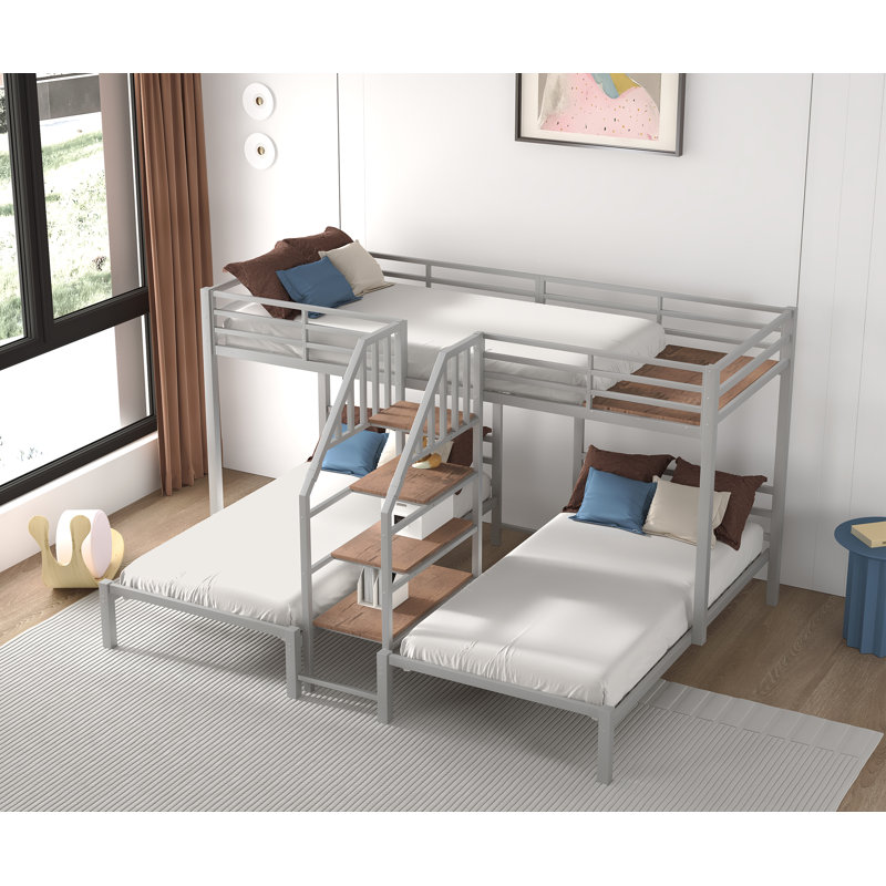 Wharton Steel Twin Over Twin Over Twin Bunk Bed with Built-In Stairs, Silver
