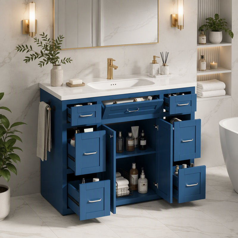 Meuble-lavabo double de 48 pouces avec lavabo, armoire de rangement autoportante avec portes et tiroirs, Marine