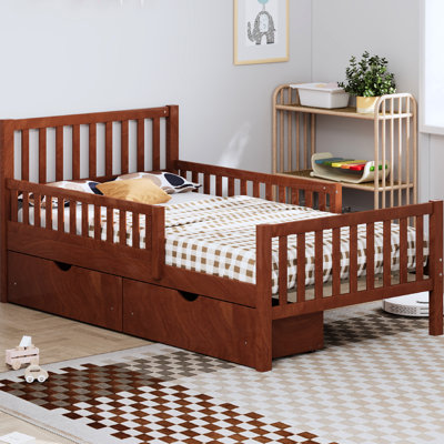 Lit plateforme simple en bois de noyer avec garde-corps double et deux tiroirs de rangement, tête de lit droite, bois de pin massif, 8 supports uniformément espacés, mobilier d'optimisation de l'espace pour la chambre à coucher