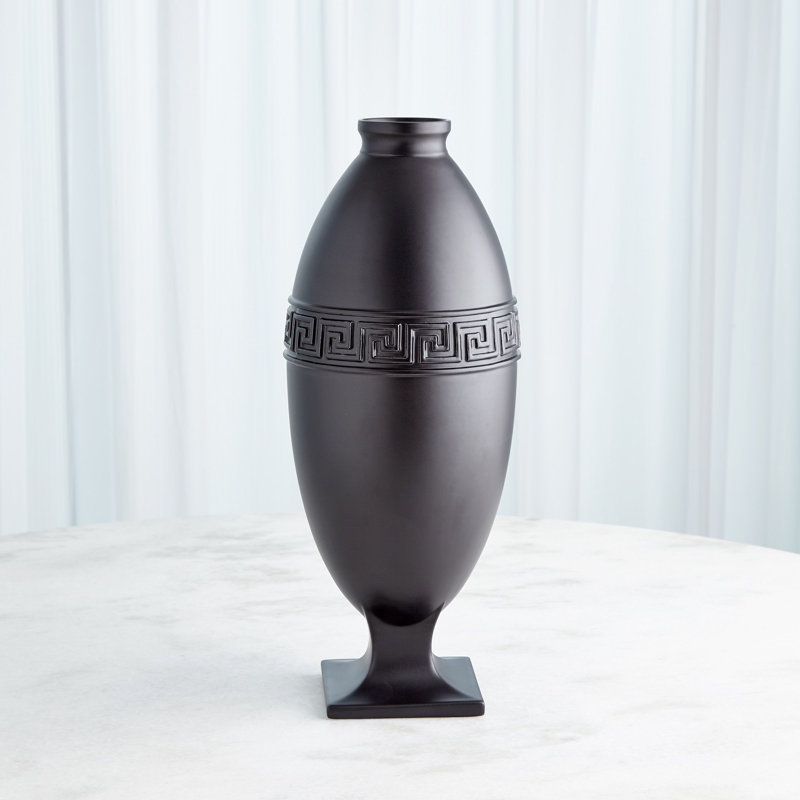 Greek Key Handmade Ceramic Table Vase, 22.5" H x 8.5" W x 8.5" D, Black