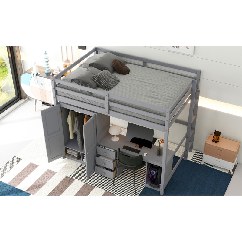 Loft Bed With Wardrobe, Gray