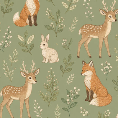 Peel and Stick Wallpaper Sage green vintage animal Forest deer fox rabbit botanical leaf Contact Paper Removable Self Adhesive Wall Mural Wall Decor for Bedroom Kitchen Cabinets 17.7in x 118in