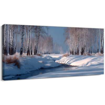 Art mural de Noël en hiver sur toile, peinture sur toile forêt de bouleaux à neige, décoration murale de scène d'hiver, œuvre de rivière sereine, photos de la nature pour le salon, la chambre à coucher, le bureau, 48 po x 24 po