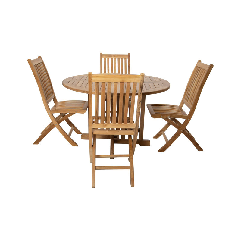 5pc Raffaello Teak Folding Armless Chair Dining Set with 48" Round Drop Leaf Table