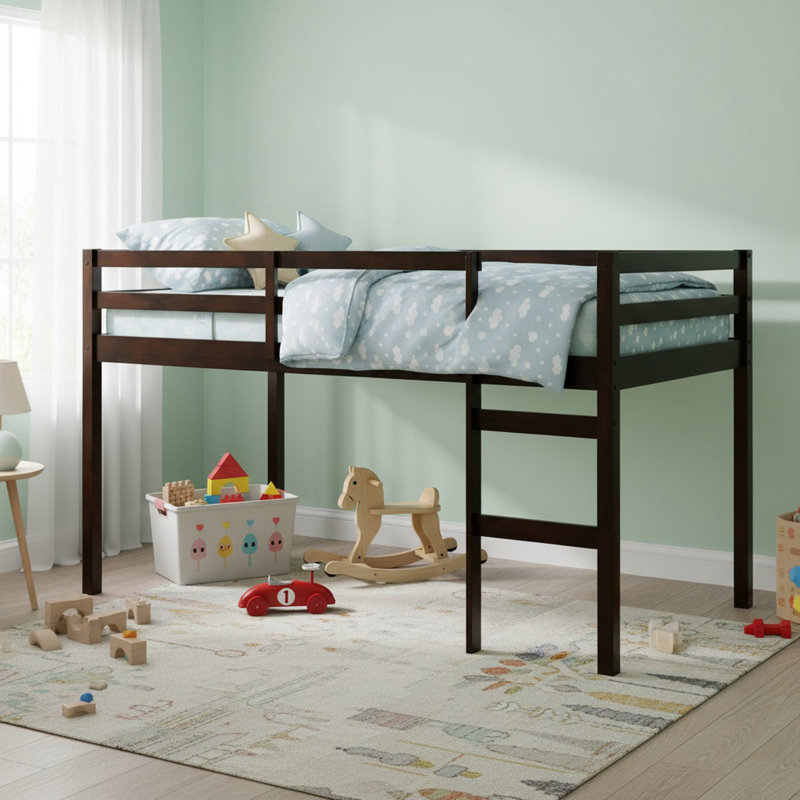 Solid Wood Twin Low Loft Bed with Ladder, Platform Bed with Strengthened Slats for Boys& Girls, Espresso, Twin