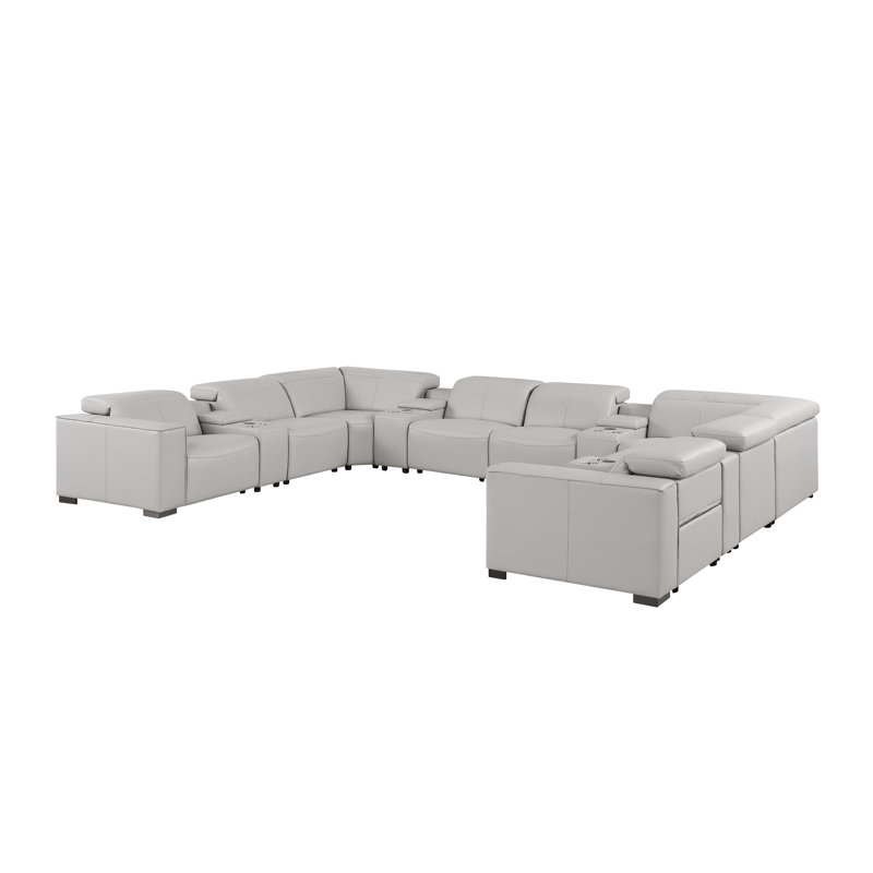 Luxurious 12-Piece U-Sectional In Genuine Leather With 4 Power Recliners And Power Headrests, Light Gray