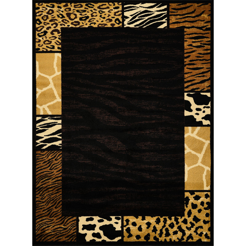 Tapis de couloir imprimé animal noir en polypropylène multicolore pour les conservatoires de style chalet de montagne et les bureaux à domicile