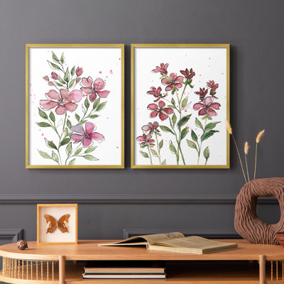 Aquarelle sur tiges florales I - reproduction encadrée de qualité supérieure - prête à être accrochée - aucun clou requis - aucun clou requis