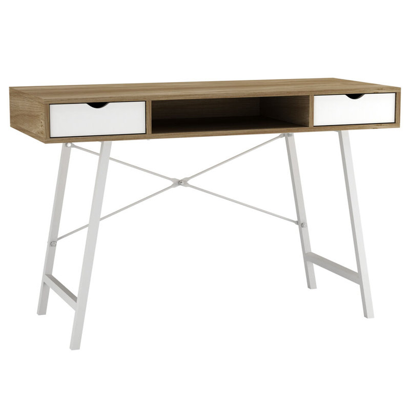 Mid-Century Wood Writing Desk Computer Laptop Bureau with 2 Drawers Home Office, White