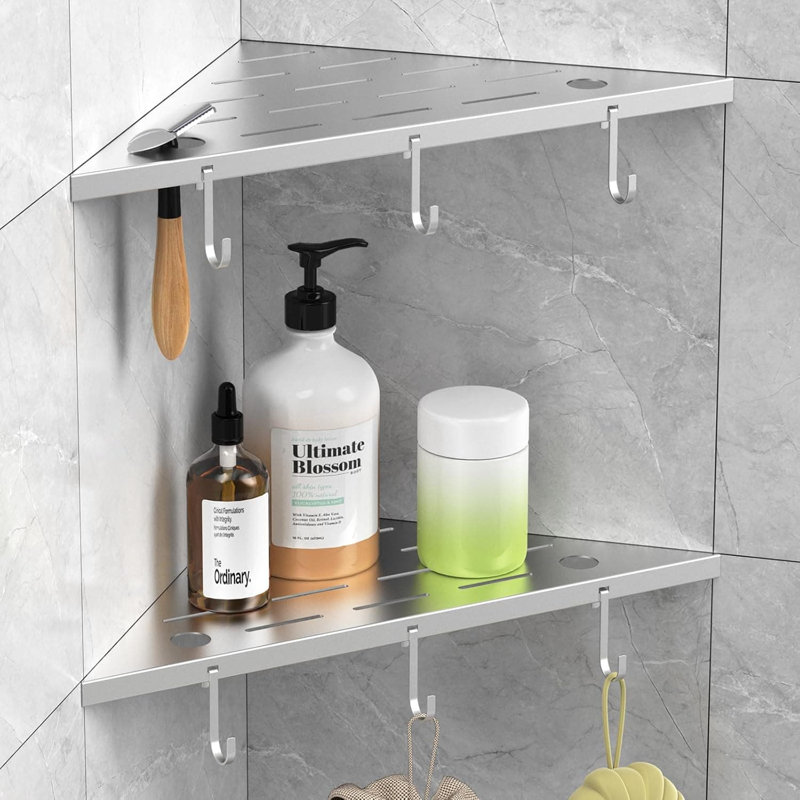 Recessed Corner Shower Shelves 2-Pack, 304 Stainless Steel Grout-In Bathroom Storage With Hooks For Tiled Wall, Rust-Resistant Design