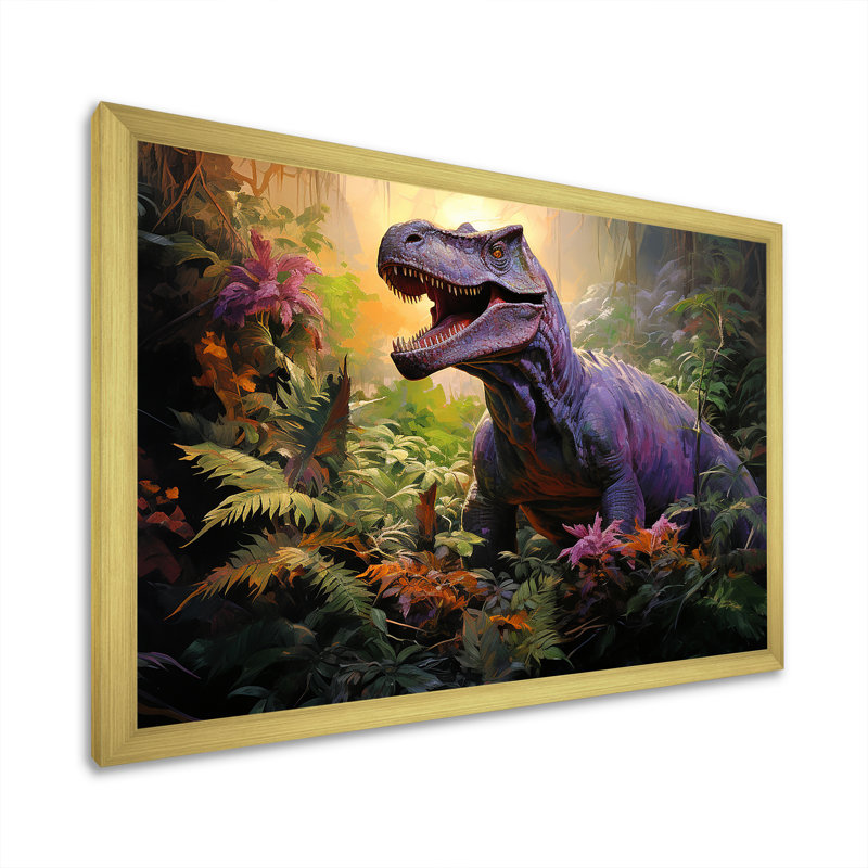 Dinosaure préhistorique dans la jungle - art de mur de dinosaure, Cadre d'angle fermé doré, H 12 po x l 20 po x P 1 po