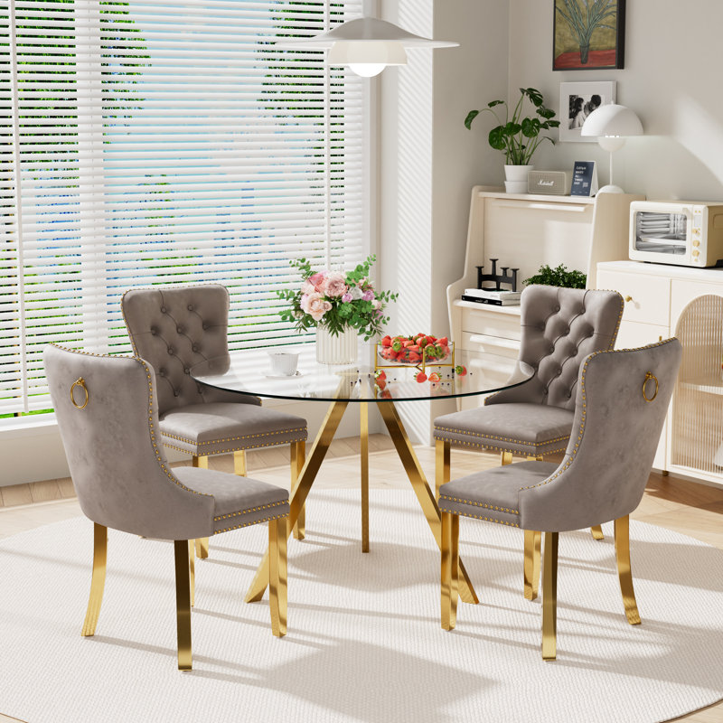 5-Piece Pedestal Gold Dining Set, Gray, 30" H x 39" W x 39" D