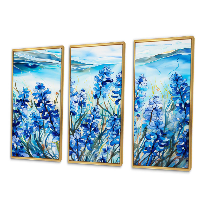 «Calming Blue Bonnets Floral Field II», ensemble d'art mural champ de fleurs, Cadre flottant doré, H 28 po x l 36 po x P 1 po