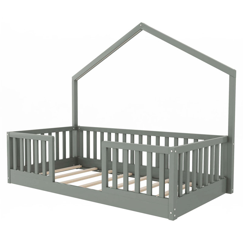 Lit sur pied avec rails hauts, lit Montessori en bois avec lumière pour enfants, garçons et filles, gris