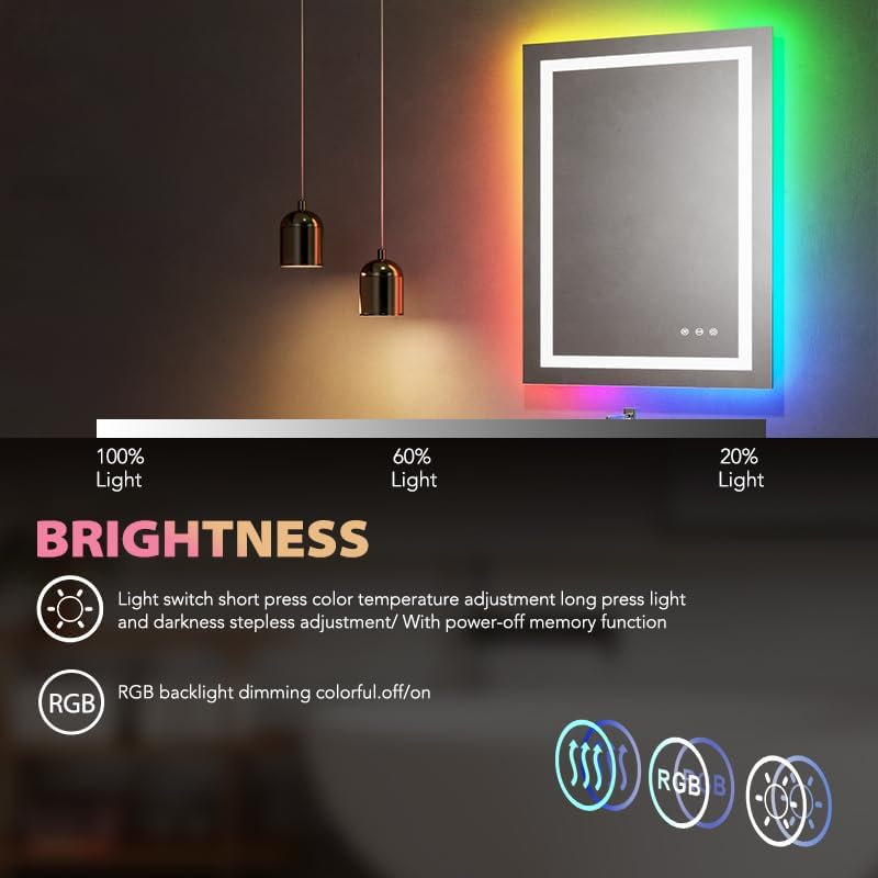 LED Mirror for Bathroom, Mirror with 8 RGB Backlit & 3 Front Lit (Adjustable Individually), Anti-Fog Wall Bathroom Mirror Vanity Mirror with Memory Function