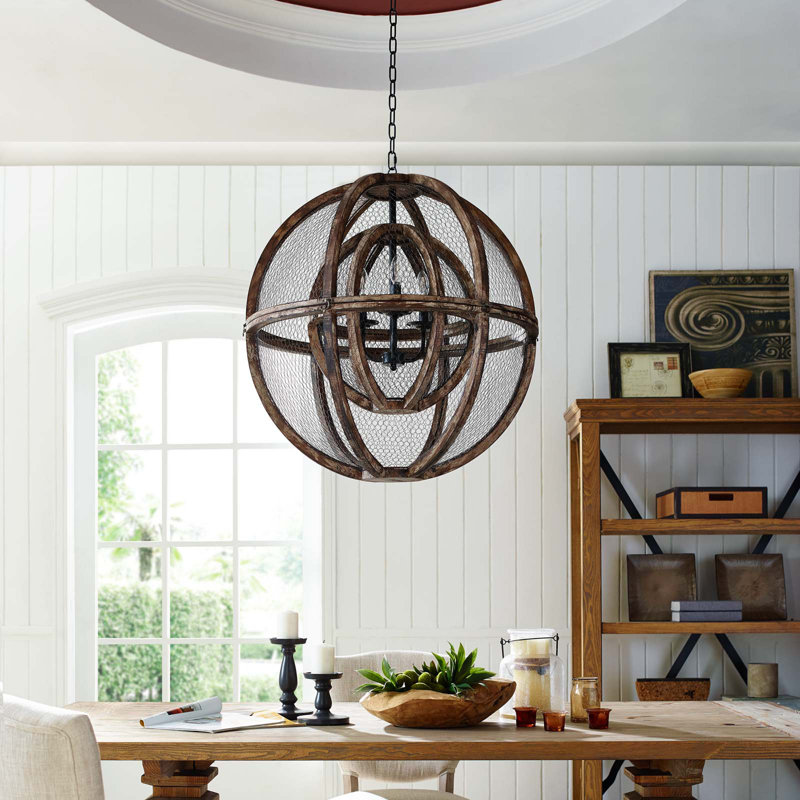 Modway Gravitate Globe Rustic Oak Wood Pendant Light Chandelier - 34