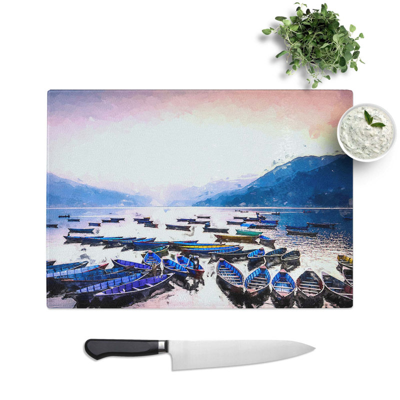 Tempered Glass Boats on Phewa Tal Lake in Nepal Chopping Board, 28.5 cm W x 20 cm L