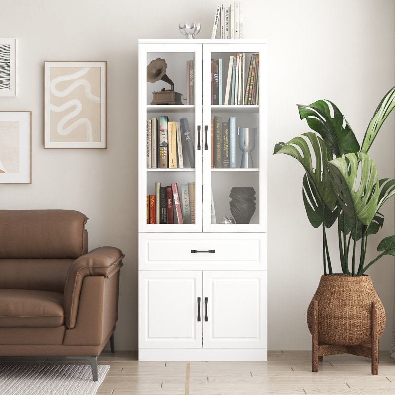 Bibliothèque blanche à 2 tiroirs avec portes en verre, (3 tablettes) H 78,7 po x l 31,5 po x P 15,7 po