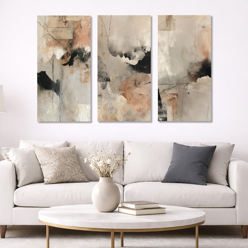 «Black and Gray Brushstroke», peinture abstraite III - art abstrait encadré à 3 panneaux, H 40 po x l 60 po, Wrapped Canvas