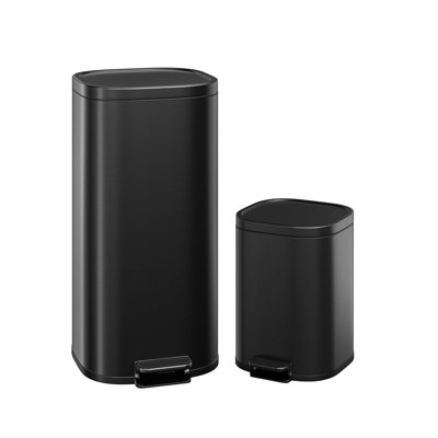 Poubelle de cuisine double compartiment 30 L + 6 L en acier inoxydable avec pédale de fermeture silencieuse, seaux intérieurs amovibles, anti-traces de doigts – Noir mat