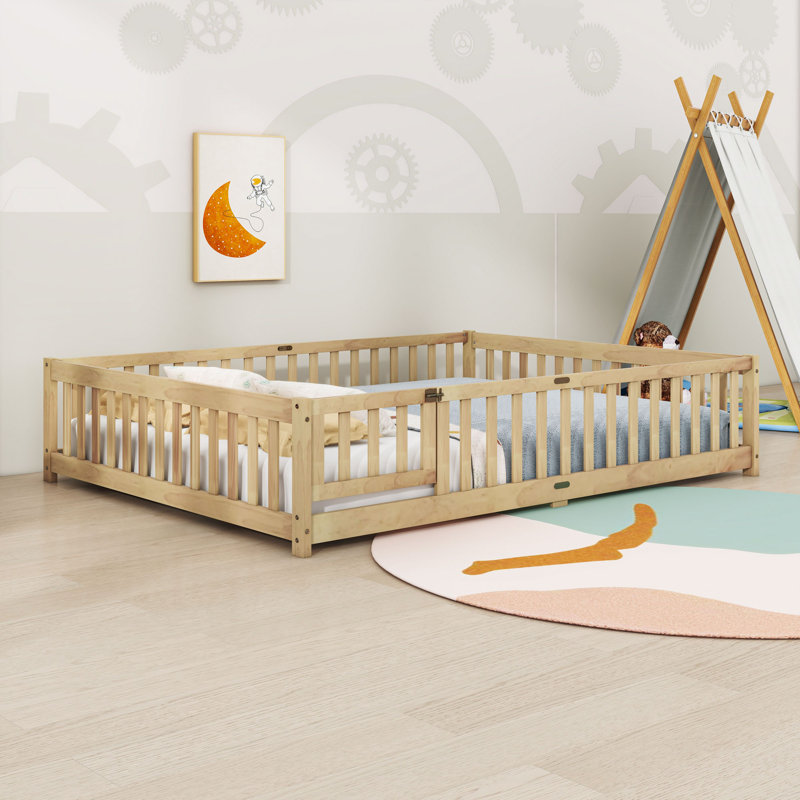 Grand lit en bois avec clôture, Naturel