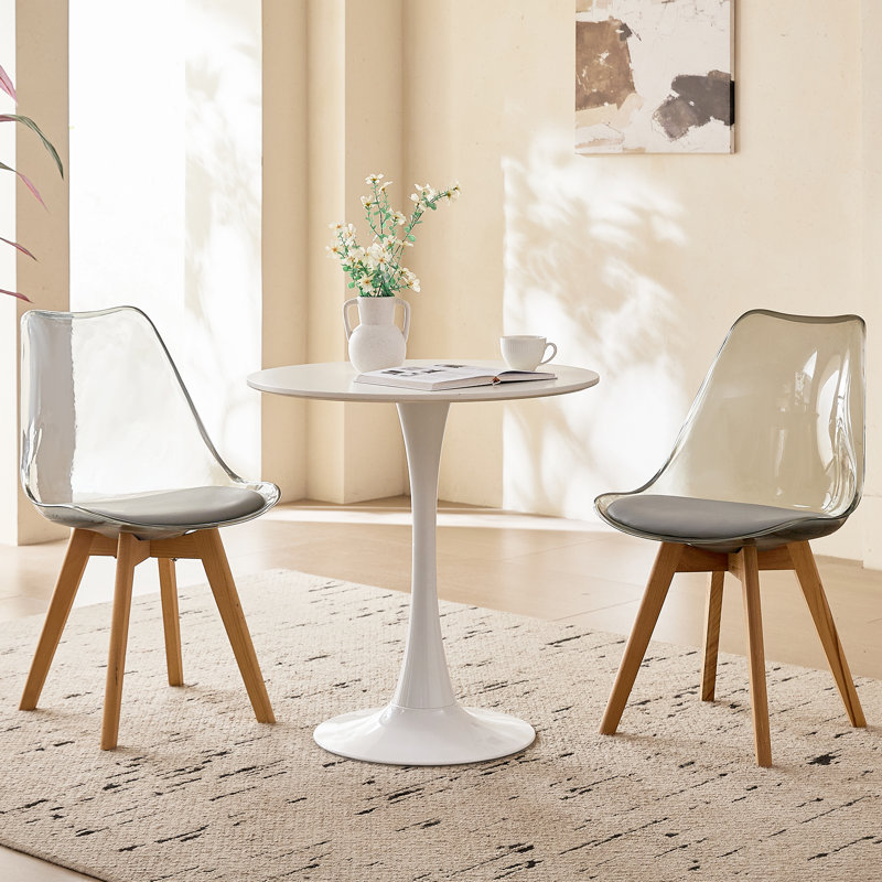 Ensemble de salle à manger moderne 3 pièces, table tulipe ronde blanche 23,6 po avec 2 chaises en acrylique gris clair