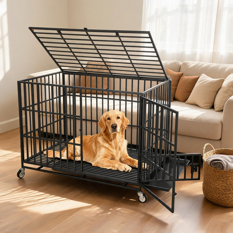 Caisse pour chien robuste 49 po, chenil en métal avec roues, 3 portes, plateau amovible, noir, 36.22" H x 49.21" W x 31.5" D