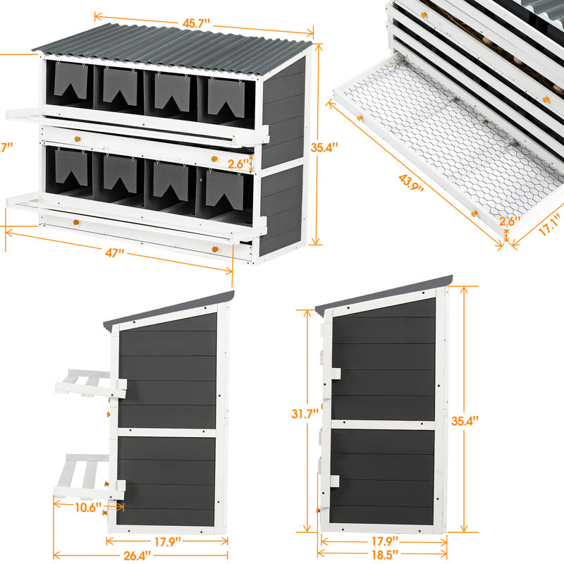 Nichoir en bois pour poules - 8 compartiments, toit couvert, perchoir pliable, ramassage des œufs facile. Bois massif avec grands compartiments. Entretien facile.