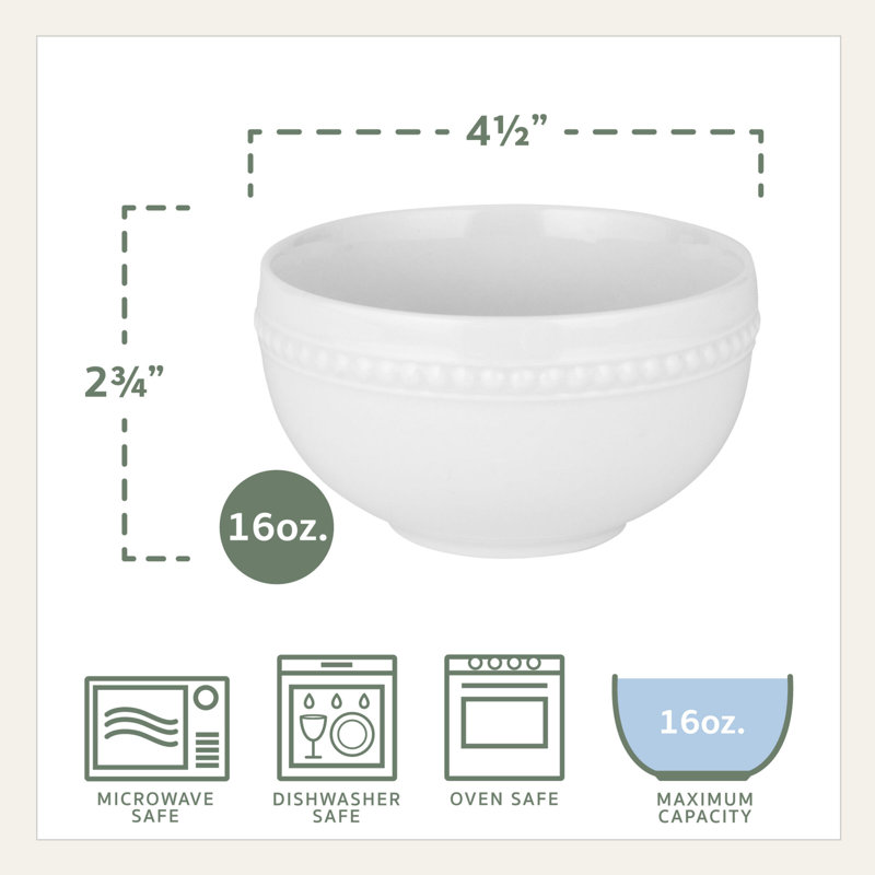 Elegant White Porcelain Beaded Round Dessert Bowl, 16 oz