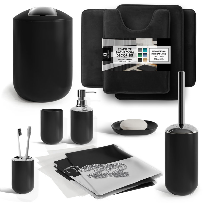 Complete 23 Piece Bathroom Accessory Set with Bath Rugs, Shower Curtain Set, Liner, and Hooks, Black