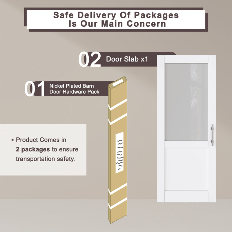 36 in. x 80 in. Frosted Glass White MDF Sliding Barn Door with Nickel Hardware