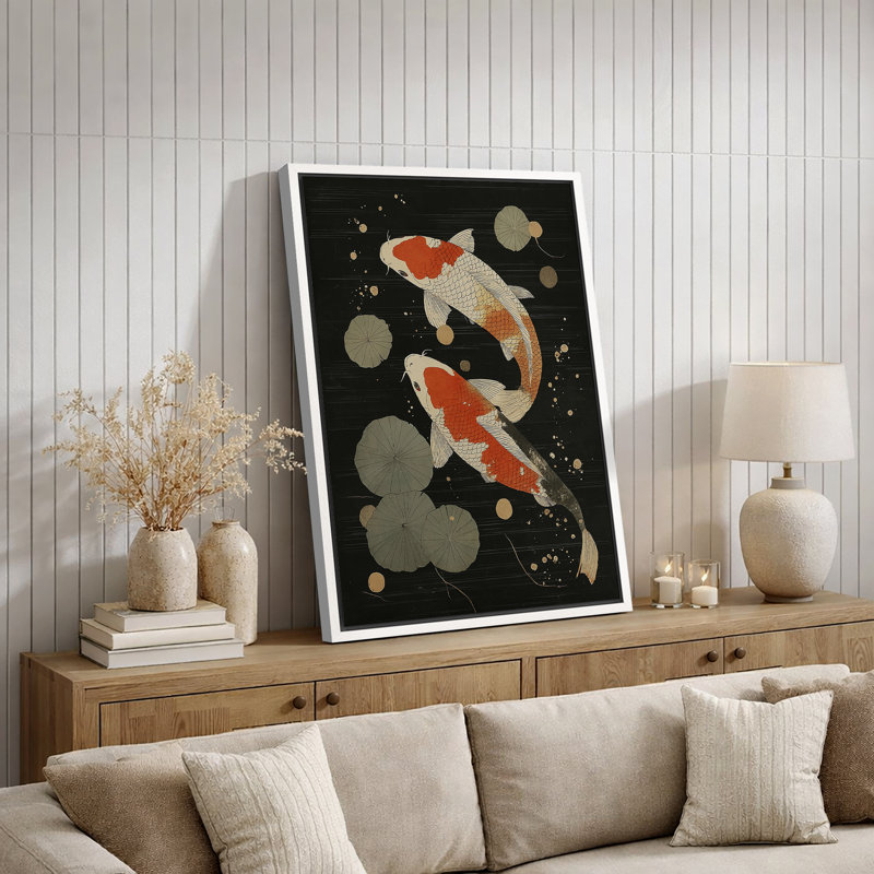 «Japanese Koi Pond», impression sur toile, impression sur toile encadrée, H 24 po x l 16 po x P 1,5 po, Cadre blanc