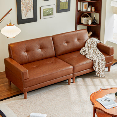 86.6''W Luxurious Comfy Leather Sofa Bed, Oversized 3-seater Sectional Sleeper Couch with Deep Cushions and Square Armrest, Mid-century Modern Tufted Upholstered Loveseat Sofa for Living Room and Bedroom, Brown