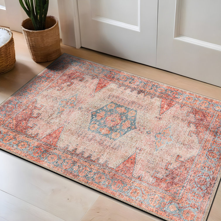Griffey Vintage Boho Machine Washable Red/Blue Non-Slip Backing Area Rug