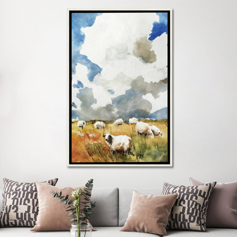 «Grazing Fields», reproduction d'art sur toile encadrée, 60 po x 40 po, Toile avec cadre, Distressed White