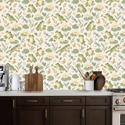 Papier peint adhésif amovible à motif grenouilles, libellule verte, nénuphar et fleur de lotus. Décoration murale pour chambre, cuisine et placards. 61 cm x 300 cm.