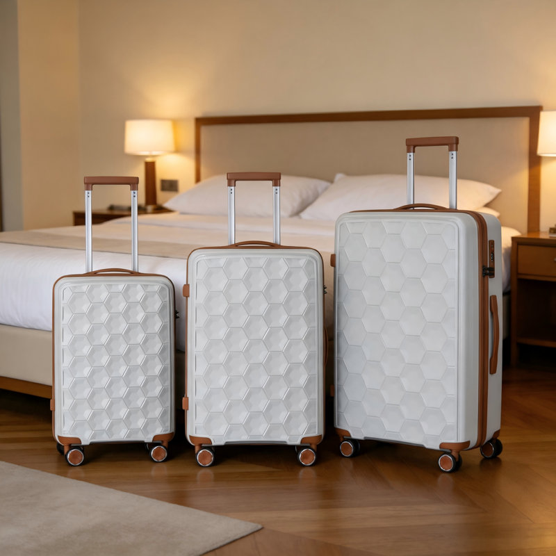 Ensemble de 3 valises rigides beiges, valises de voyage légères à roulettes pivotantes, 20"/24"/28"
