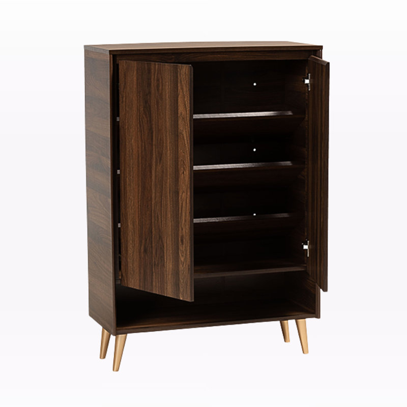 Julio 2-Door Shoe Cabinet in Walnut Brown and Gold Finished Wood, 45.62'' H X 31.43'' W X 13.28'' D